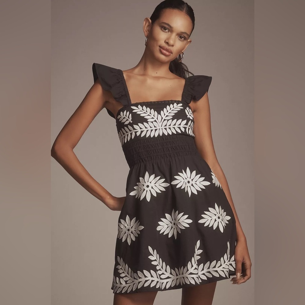 NWT! By Anthropologie Ruffle-Strap Embroidered Smocked Mini Dress - Size XL 🤎